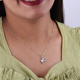 Silver-stone-studded Heart Flower-charm Pendant With Chain